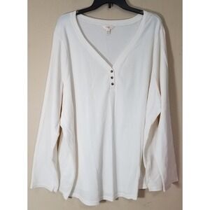 Terra & Sky Top Woman size 4x Waffle Henley Long Sleeve Winter White Beige NEW